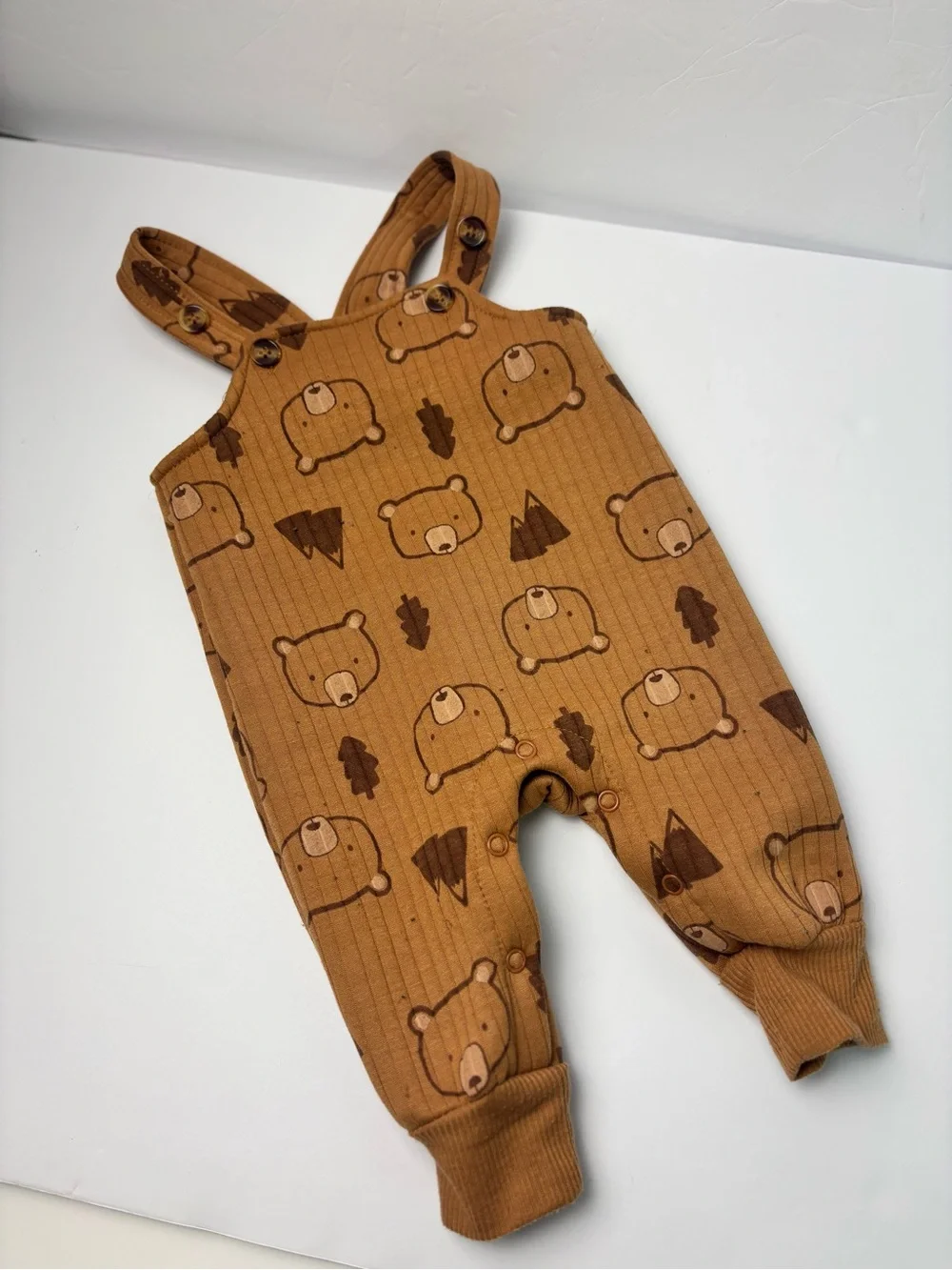 Brown Bear Print Ribbed Overalls Matching Set with Cream Dino Tee